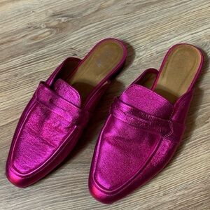 RENVY metallic penny loafer leather mules in hot pink size 7.5